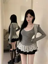 学院風レース切替Tシャツ【スリムフィット・女性用】とストライプショール（セットアップ対応）