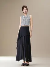 デザイン性の高いブラックフレアスカート【不規則なプリーツ・シフォン素材・ロング丈】