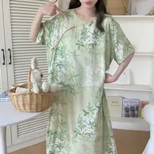 夏用プリント綿シルクネグリジェ【ストライプ・フィット・ミディアム丈・国風】