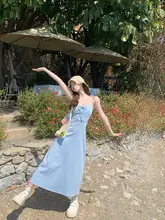 ブルーチェックの夏用キャミソールワンピース【ロング丈・カジュアルスタイル】（セットアップ対応）