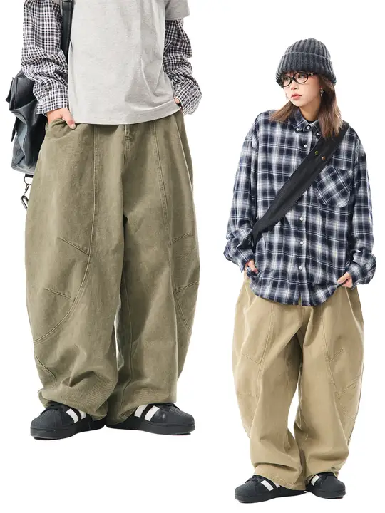ヴィンテージ風水洗い加工ワイドレッグパンツ【デザイン性・フィット・工装スタイル】（セットアップ対応）