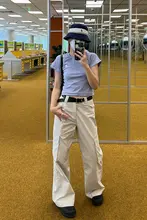 抗しわ機能付きカジュアルカーキ色ワイドコットンパンツ【レディース・フレアデザイン・梨形体型対応】