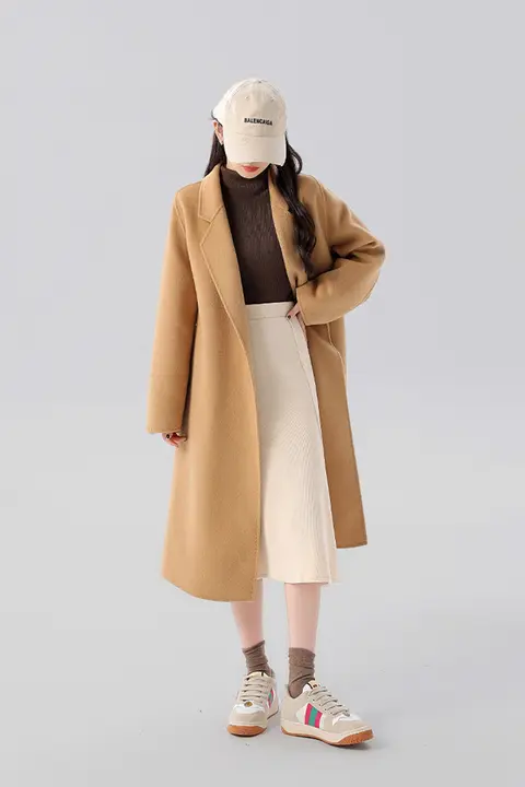 小柄向け ダブルフェイス ベージュ カシミア コート【厚手・中長丈・肩パッド付き】