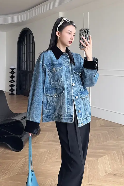 SVLI ボーイフレンドデニムジャケット・デニムワイドパンツ【ベルベット切り替え】