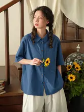 リボンデザインの薄手チェック柄シャツ【ブルー・夏用・コットン・カジュアル】