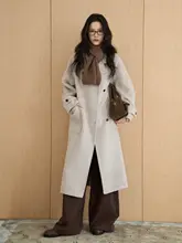 オートミールカラーの長袖ダブルフェイスカシミヤウールコート【シンプルなデザイン・冬用・ゆったりシルエット】