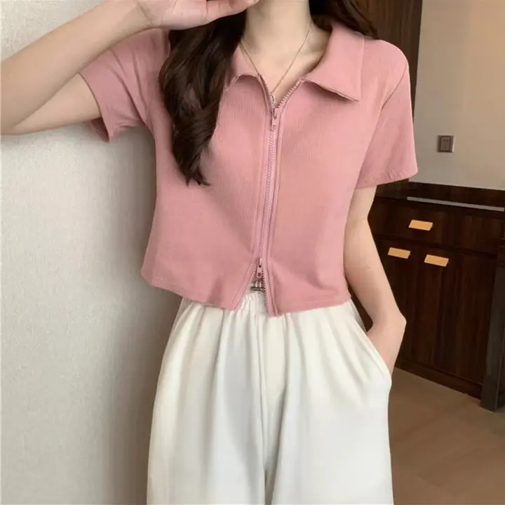 ダブルジップポロ衿ピンク短袖Tシャツ【デザイン性・ cropped・カーディガンスタイル】