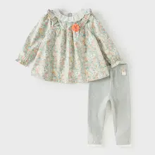 女の子用長袖トップスとパンツのアンサンブル【花柄・秋用・かわいいデザイン】（セットアップ対応）