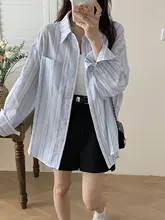 XinmonLee ブルーストライプ 夏用 UVカットルーズフィットシャツジャケット