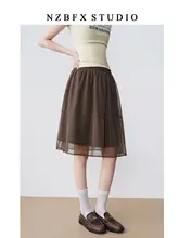 スカート レディース 大きいサイズ ぽっちゃり シフォン Aライン ゴムウエスト 着痩せ ブラウン ミディアム丈 夏