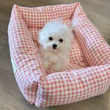 ピンクチェックのペットベッド【中小型犬・保温・厚手タイプ】