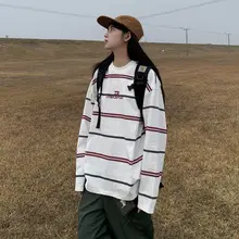 アメリカンレトロデザインの春秋向けプリントストライプゆったり長袖Tシャツ【ラウンドネック】