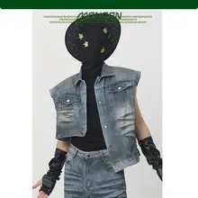 グラデーションウォッシュデザインのヴィンテージ風デニムベストジャケット【ノースリーブ・テクスチャー】