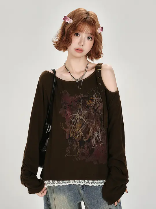 アメリカンビンテージ風オフショルダーロングスリーブTシャツ【ゆったりカジュアル・春秋用】