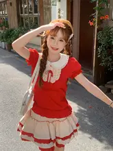 可愛いデザインの夏用赤いトップスとドット柄スカート【セットアップ対応】