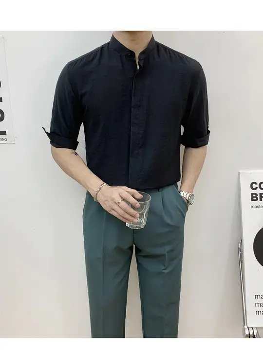 CHEN メンズ 夏用 半袖シャツ【薄手・スタンドカラー・コットンリネン・黒】