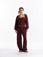 ゆったりした肌触りのカーディガン・ネックポケット付きタンクトップ・バナナパンツの3点セット（セットアップ対応）
