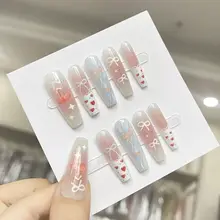 春夏用フレンチチェックデザインのバタフライリボンネイルチップ【チェリーとハートモチーフ】