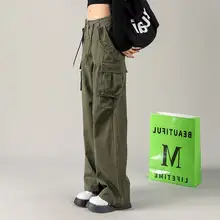 アメリカンヴィンテージ工場風 ロングパンツ【女性用・カーキ・ワイドレッグ・ストリートカジュアル】