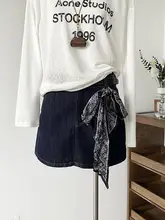 リボン付きハイウエストデニムミニスカート【深紺色・Aライン・防透け】（セットアップ対応）