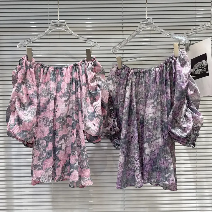フランススタイルのオフショルダー 花柄パフスリーブシフォンブラウス【女性用・カラフルデザイン】