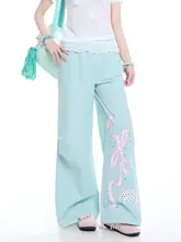 ワイドパンツ マキシ丈 レディース 蝶結び プリント ハイウエスト 着痩せ ストレート ルーズ 落ち感 カジュアル 夏