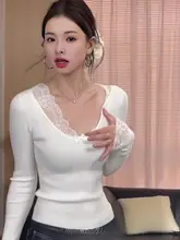 Vネックレース切替ニットトップス【白色・女性用・インナー対応・セクシー】