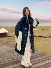 復古チェックデザインの両面ラムウールコート【フード付き・ミディ丈・秋冬用】