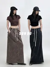 SUN90 レディースヴィンテージ風ストリートスタイルロングスカート【ウエス  トゴム・ドローストリング・ウォッシュ加工】