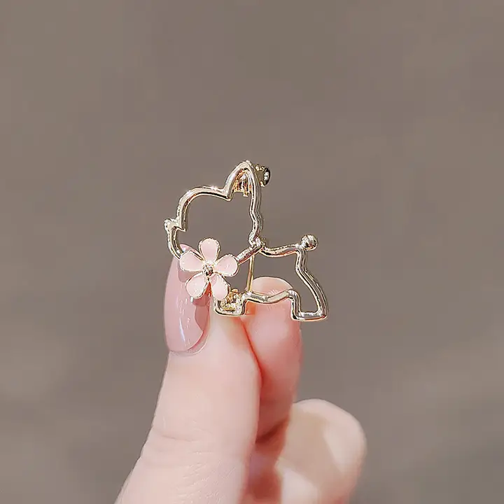 金属製カットアウトデザインの小犬ブローチ【可愛い花モチーフ・ウエア用・ファッションアクセサリー】