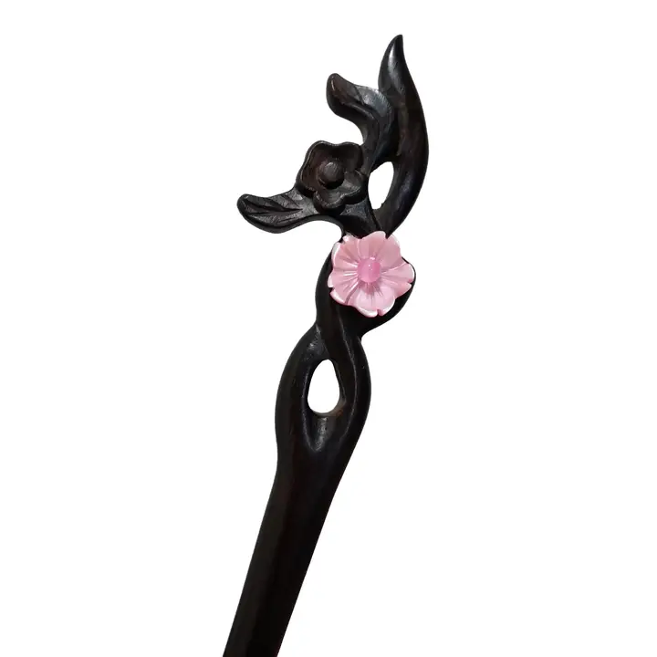 黒檀木製の古風ロウバイ花ヘアピン【ピンクシェル花デザイン・高級感ある漢服用飾り】