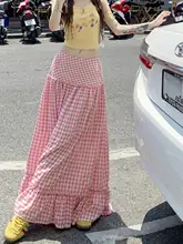 春用粉色チェック柄のAラインスカート【高腰・ロング丈・旅行用】（セットアップ対応）