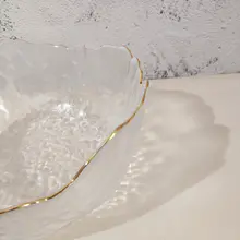 日式ハンマー模様の金縁クリアマットガラス大サラダボウル【フルーツ・デザート用】