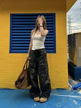 迷彩デザインのストレートパンツ【レトロアメリカン・ゆったりフィット・ウエストひも付き】