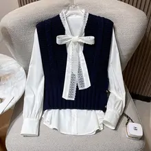おしゃれなリボン付きトップス【フレンチスタイル・ニット素材・秋用】（セットアップ対応）