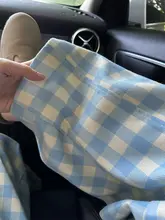 ブルーチェック柄パンツ【秋冬用・ハイウエスト・フィット・体型カバー】