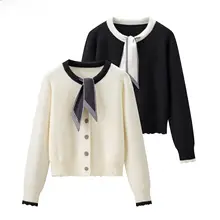 フレンチスタイルのバイカラーリボン付きカーディガン【極上の柔らかさ・ニット】（セットアップ対応）