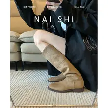 羊革製 レトロデザイン ロングブーツ【膝下・2WAY・スエード・女性用・低ヒール・スリムシルエット】