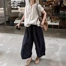 大人可愛いドット柄リネンランタンパンツ【ワイドレッグ・ゆったりシルエット】（セットアップ対応）