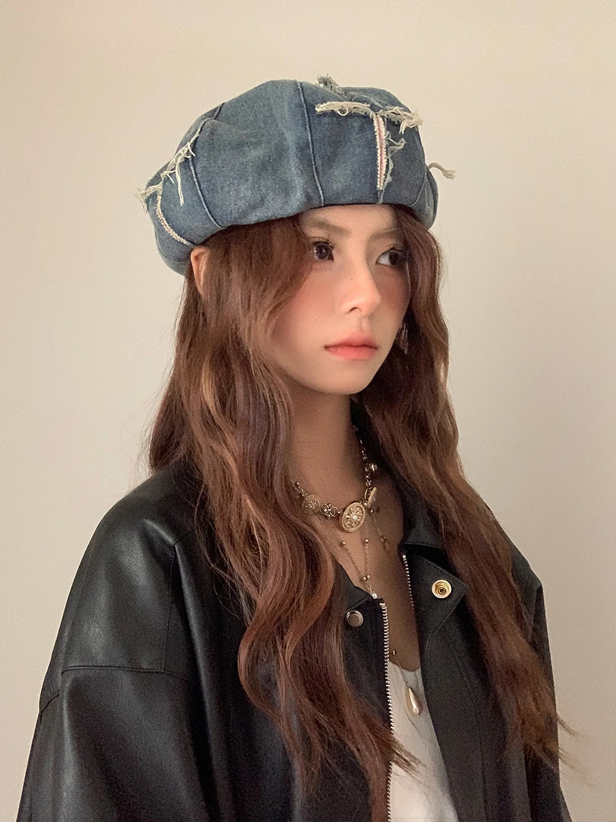 レトロウォッシュデニムベレー帽：フリンジデザインで小顔効果を実現する女性向けスタイル