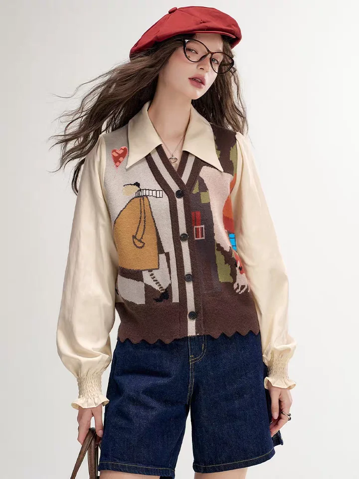 レトロフラワープリントニットポロシャツ【桃皮絨使用・フリース混・長袖】（セットアップ対応）