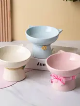 猫用陶器フードボウル【ピンク・2段・高め・水と餌兼用・ペット用品】