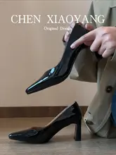 本革製 ブラック セクシー エナメル ハイヒール【スクエアトゥ・太ヒール・カジュアルデザイン・レディース】