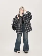 学院風アメリカンレトロオーバーサイズチェックシャツ【春秋用・ゆったりしたデザイン】（セットアップ対応）