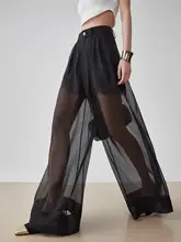 黒の二重シースルー高腰ワイドパンツ【柔らかなドレープ感・フィット】（セットアップ対応）
