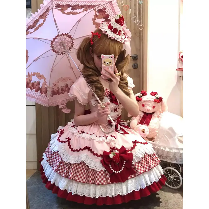 ストロベリー柄可愛いプリンセスドレス【初恋風・短袖・ロリータスタイル】