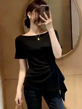 夏用デザイン性のある不規則なウエストシェイプTシャツ【大きいサイズ・短袖・体型カバー】