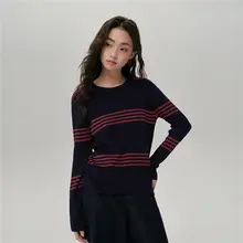 ストライプデザインのニットトップス【女性用・フィット感のある丸首・カラーブロック】