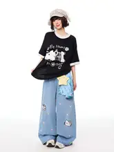 Tシャツ レディース 半袖 クルーネック 子犬柄 フロッキー加工 アメカジ ヴィンテージ プレッピー ゆったり 若見え バイカラー