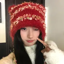 猫耳デザインのストライプニット帽【赤・秋冬用・保温・耳覆いタイプ】